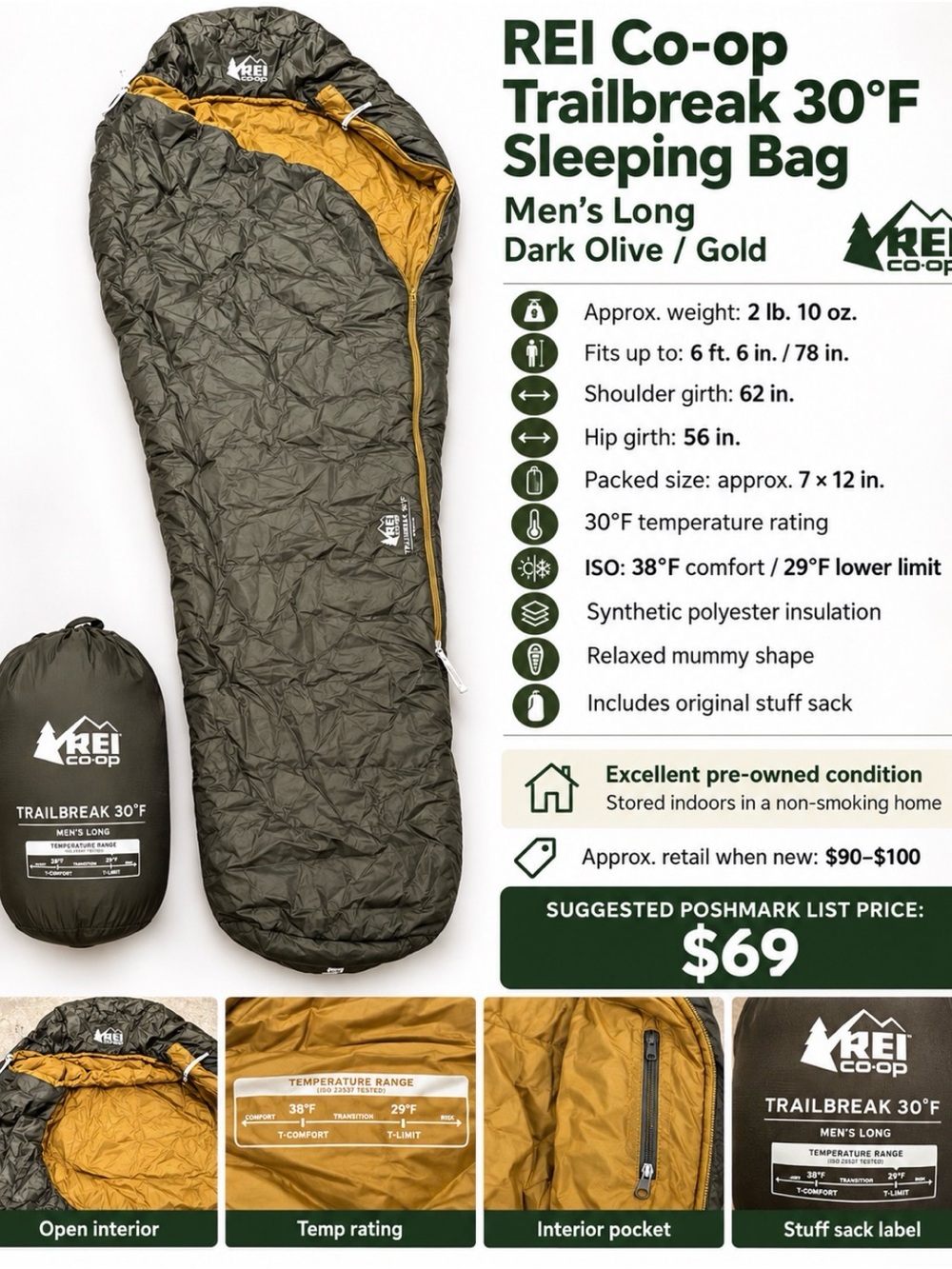 REI Co-op Trailbreak Men's Long Sleeping Bag in Dark Olive and Gold
